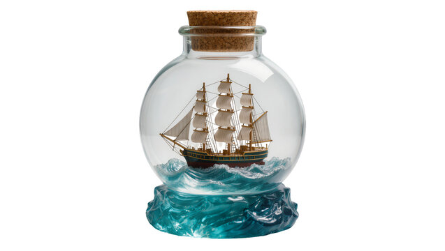 Miniature sailing ship in a glass bottle with cork, isolated on transparent background