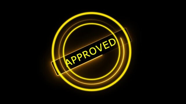 Approval step icon . Containing accept, certified, thumps up, agreement, approve, validation, Approved Rubber Stamp Animation verified, approved stamp, quality assurance black background.