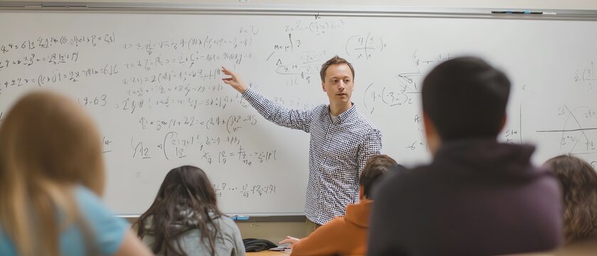 A teacher instructing students in a classroom.