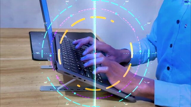 Business professional typing on laptop with futuristic search interface visualizing digital process optimization, workflow analysis, intelligent monitoring, and seamless business automation