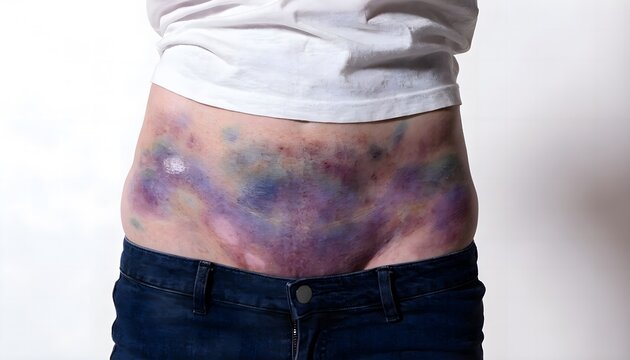 Frontal view of pelvic wall contusion and skin bruising pattern. Clinical medical photography of lower body trauma, neutral background.