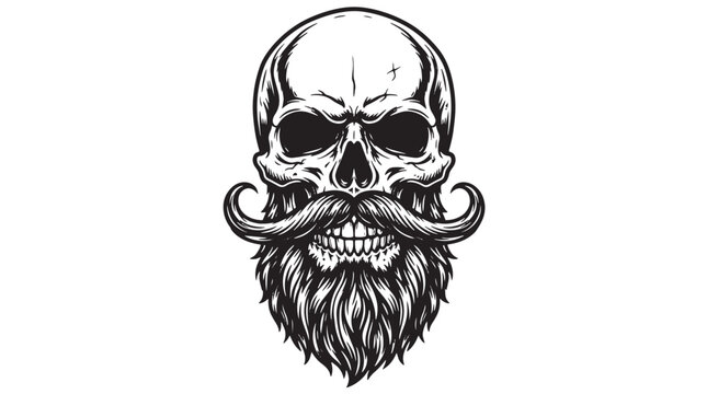 Skull with beard, skull illustration, bearded skull, vector skull, black and white