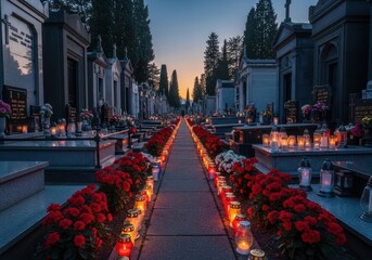 Cemetery walkway decorated with red flowers and candles
