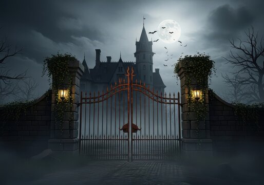 Spooky haunted mansion with metal gate at night