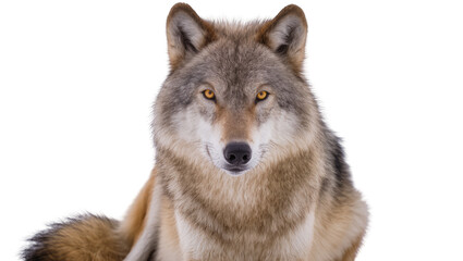 Gray wolf with amber eyes and thick fur, isolated on transparent background © Maria