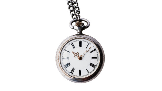 Antique silver pocket watch with chain Roman numerals, isolated on transparent background