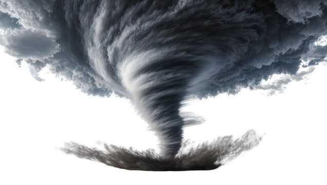 Dark swirling tornado funnel cloud with debris, isolated on transparent background