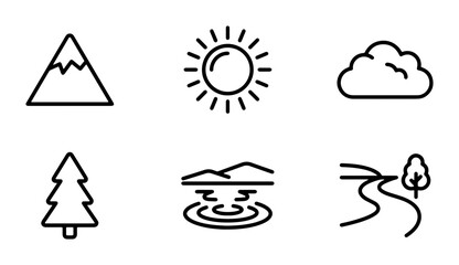 Fototapeta premium Minimalist Nature Icons Set, Landscape Elements Collection, Outdoor Scene Symbols, Simple Mountain, Sun, Cloud, Tree, Water, River Vector Graphics