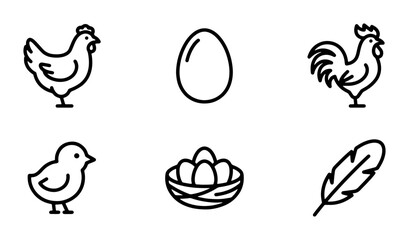 Farm Animal Icons: Chicken, Rooster, Chick, Egg, Nest, Feather Vector Set. Minimalist Outline Graphics for Agriculture and Food Concepts. © Arif