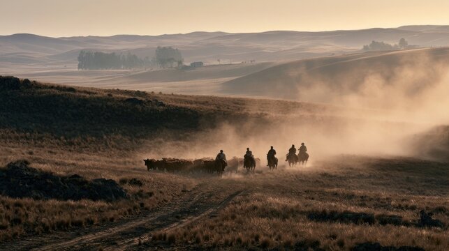 Cowboys on horseback leading cattle through a dusty plain at sunset