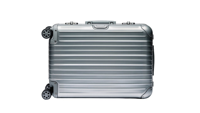 Silver aluminum grooved suitcase with four wheels, isolated on transparent background