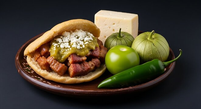 hearty Gordita split open like a pocket, resting on a dark rustic terracotta plate. The thick fried corn pocket is overflowing with a rich, glistening filling of crispy pork chicharron simmered in a s
