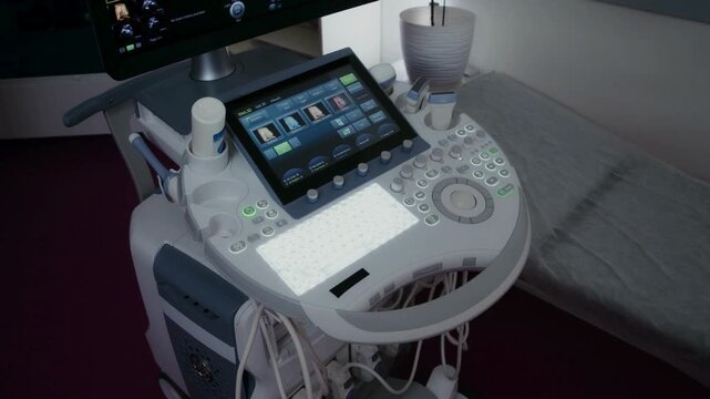 Ultrasound console screen and keyboard prepared for prenatal diagnostic scanning