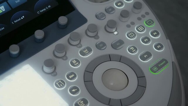 Close up ultrasound control panel buttons on advanced medical imaging machine