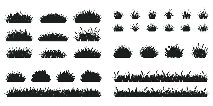 Set of black silhouettes of grass patches and wild meadow field borders for landscape design