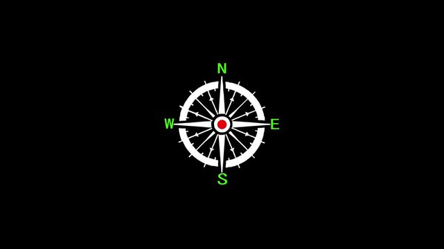 Animated compass rose with north south east west directional indicators on black background navigation