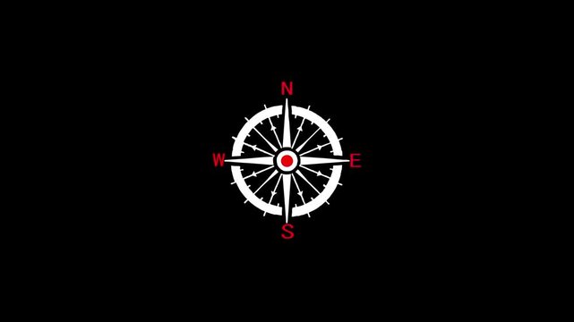 Minimalist compass rose animation on black background, for navigation and, travel concepts, direction orientation