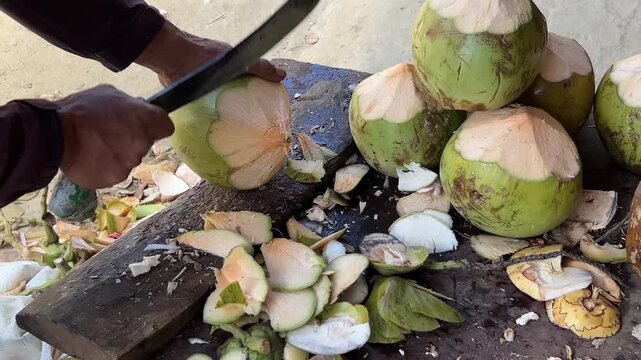 Close up man cutting green coconut with machete
