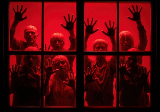 Creepy group of zombies pressing against window