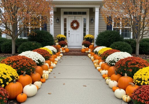 Autumn house entrance decorated with colorful pumpkins and mums