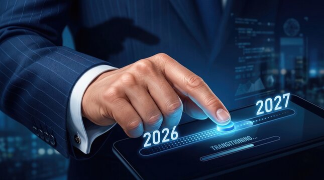 Future technology concept hand sliding towards 2027 on a digital interface