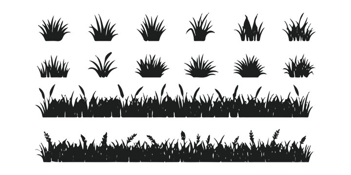 Set of black grass silhouettes and nature borders for landscape design