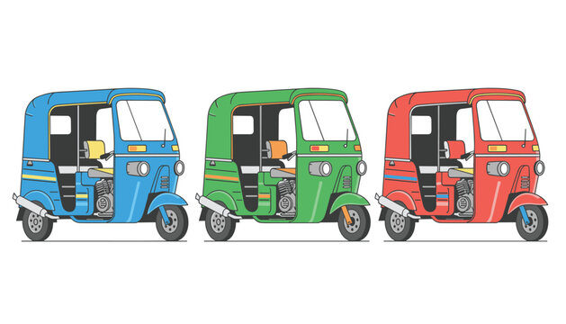 Set of three colorful auto rickshaws in blue, green, and red parked side by side in flat vector style.