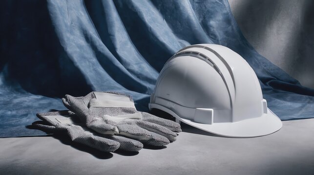 White hard hat and gloves on a soft surface.