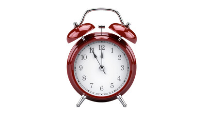 Shiny red twin-bell alarm clock with metal handle and legs, isolated on transparent background