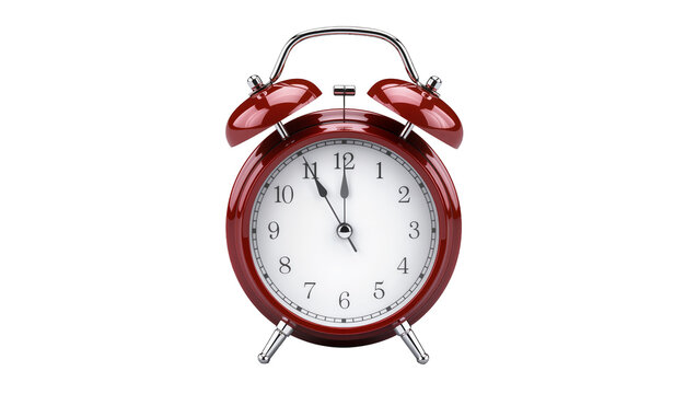 Shiny red twin-bell alarm clock with metal handle and legs, isolated on transparent background