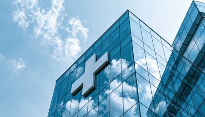Fototapeta premium Blue glass building facade reflecting clouds with white medical cross symbol