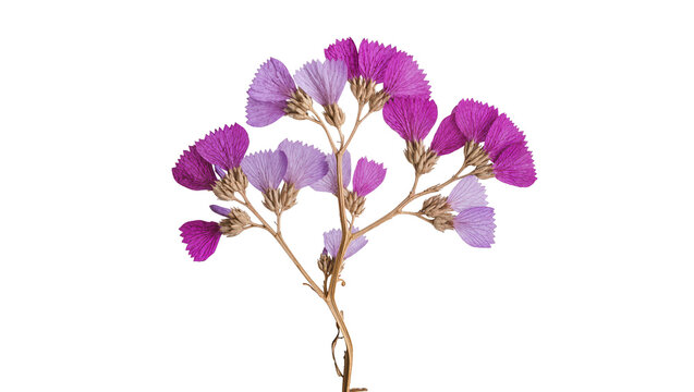 Delicate purple and pink dried flowers on a thin stem, isolated on transparent background