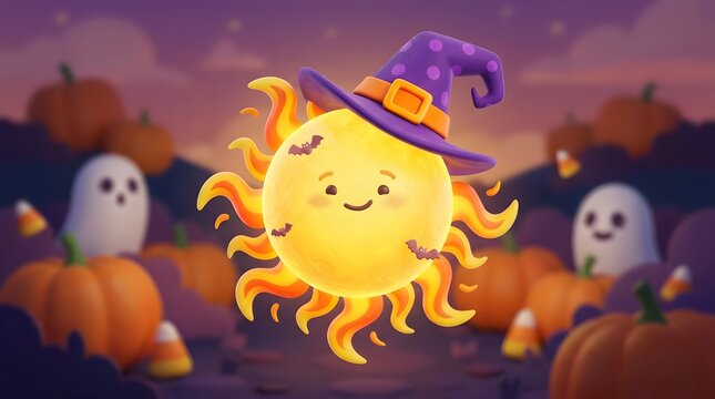 Cute Halloween Sun Character with Witch Hat in Pumpkin Patch