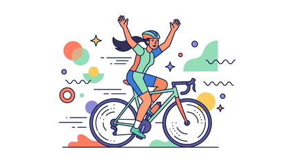 Fototapeta premium Woman riding bicycle with arms raised in celebration surrounded by colorful abstract shapes and symbols