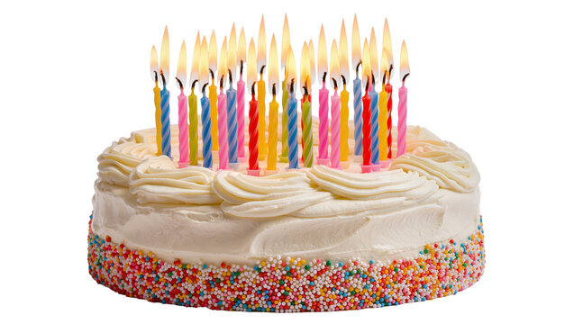 Birthday cake with lit colorful candles and sprinkles, isolated on transparent background