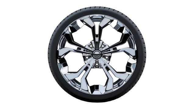 Shiny chrome alloy car wheel with black tire, isolated on transparent background