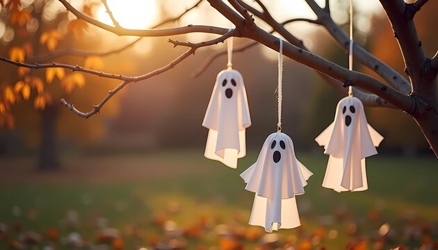 Three playful ghost decorations hanging on a tree during sunset in autumn garden