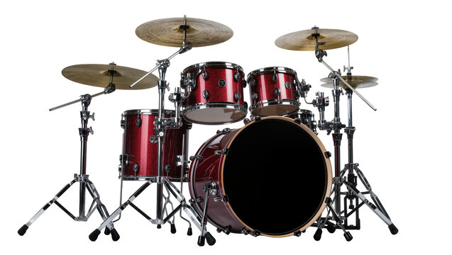 Red metallic drum kit with cymbals and stands, isolated on transparent background