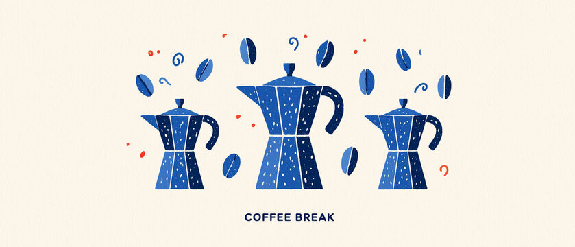Three blue moka pots in a row, surrounded by coffee beans. A coffee break graphic.