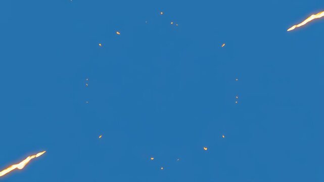 Explosion bursts in sky with debris trails and circular patterns during daytime aerial sequence