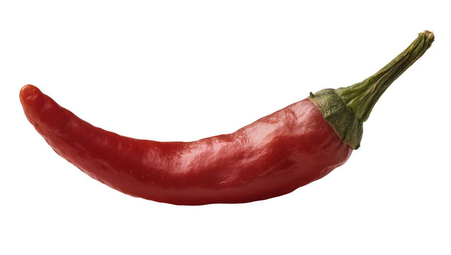 Single ripe red chili pepper with green stem, isolated on transparent background