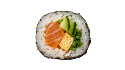 Fresh salmon and cucumber sushi roll with tamagoyaki, isolated on transparent background © Maria