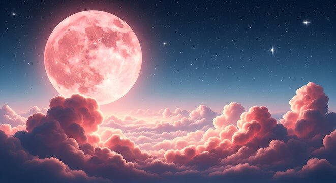 Ethereal pink moon glowing over a sea of clouds under a starry night sky