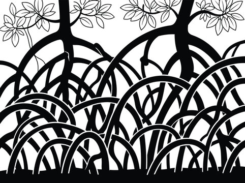 Black and White Stylized Illustration of Mangrove Tree Roots in a Swamp Forest
