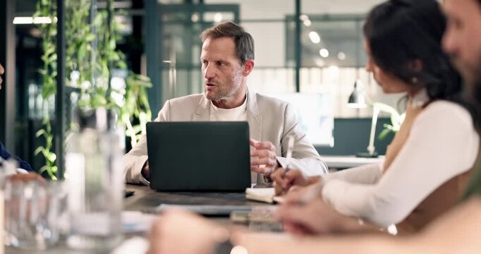 Laptop, businessman or proposal with team in meeting, investment planning or project suggestion. Computer, discussion or manager in office for financial update, review or budget evaluation with notes