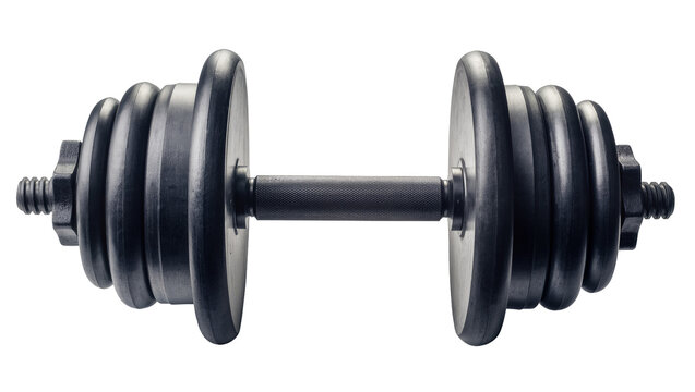 Adjustable black metal dumbbell with multiple weight plates, isolated on transparent background