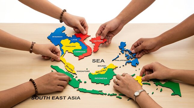 Hands assembling wooden jigsaw puzzle map of Southeast Asia.