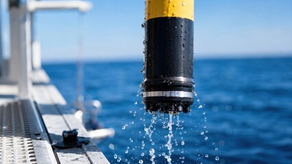 Water is released from a device located on a boat while it is in the ocean during a clear day