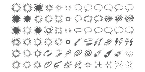 Set of comic book speech bubbles explosion shapes and motion lines design elements ©  creative  marlia