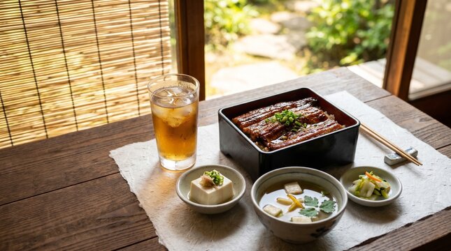 夏の窓辺で食べるうな重定食（土用の丑の日・麦茶・和食イメージ）